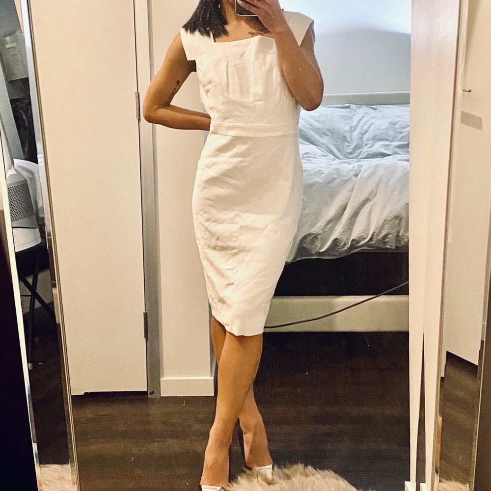 Square Neck Sheath Dress in Linen Herringbone